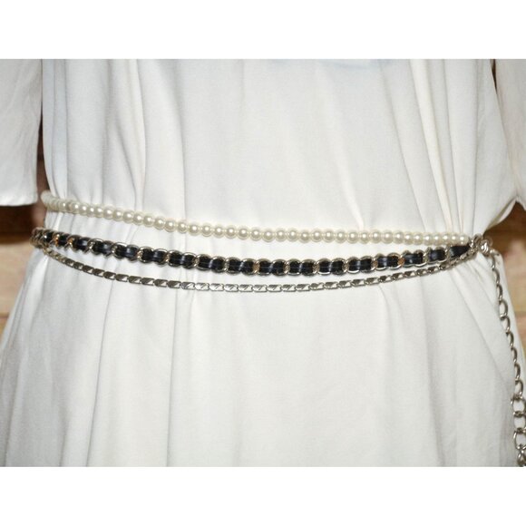 Great Multi Chain & Faux Pearl Silver Tone Adjustable Belt Faux Leather 37-50 in - Picture 5 of 8